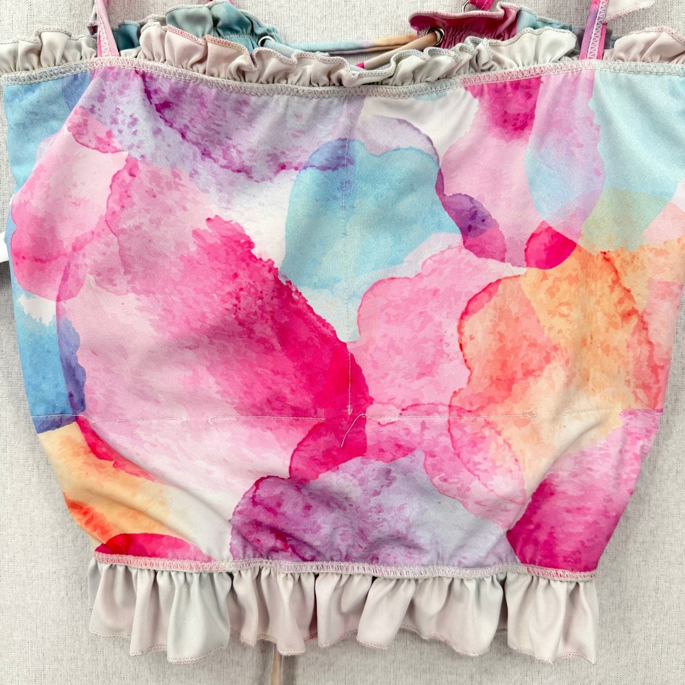 RAD SWIM Betsy Smocked Bikini Medium Pink Blue Watercolor High Waist Swimsuit - Picture 15 of 16